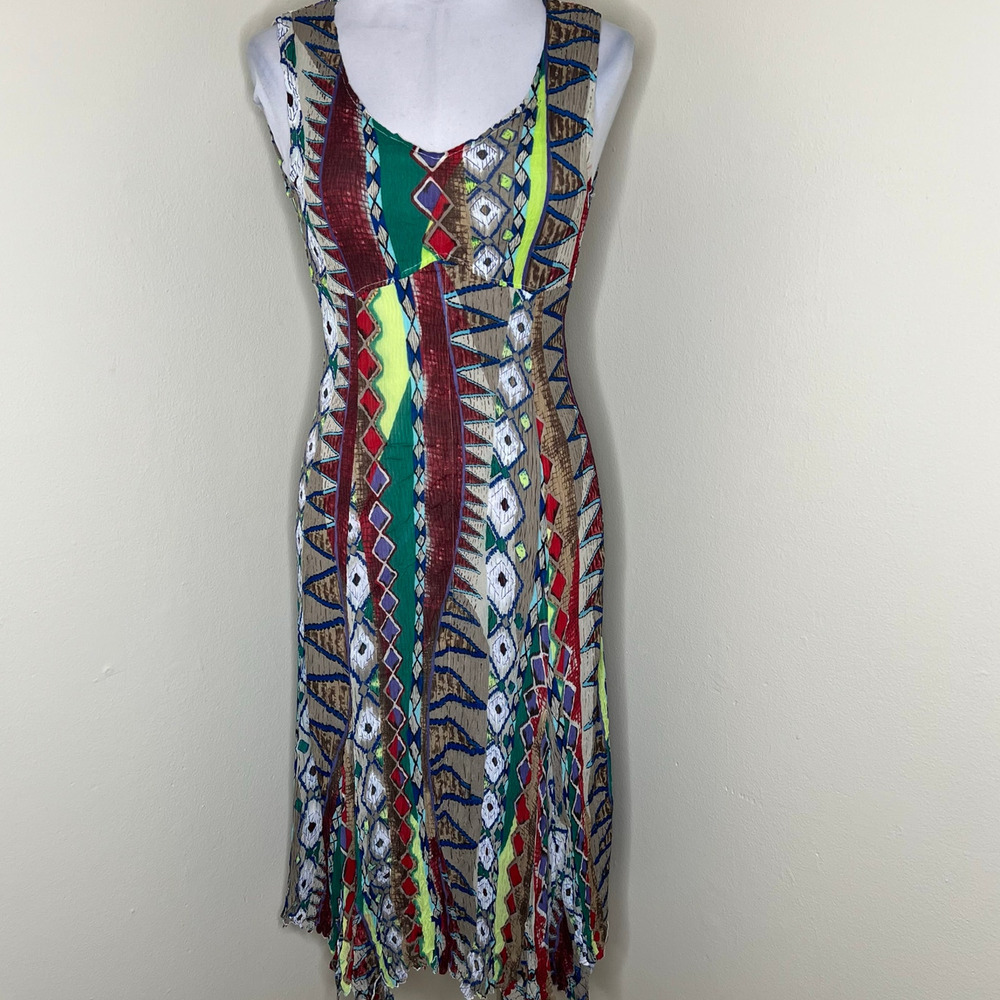 Alberto Makali Tank Dress Medium Abstract Artsy Crinkle Multicolor Midi Shift